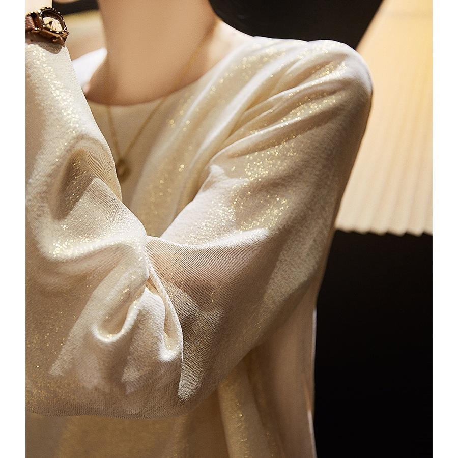 Dámský top s mikro-rozšířenými rukávy, těžký, dámský temperament, kulatý výstřih, košile ze zlatého hedvábí, volná košile