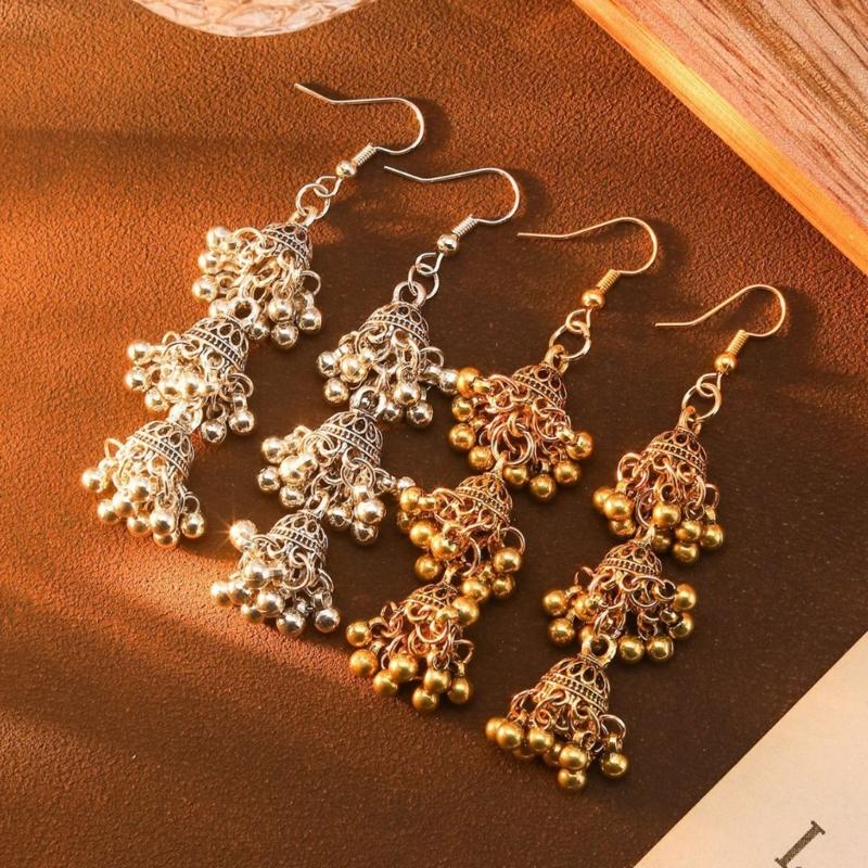 Three Layer Hollow Out Bell Tassels Bohemian Dangling Earrings Pair Made From Sturdy Alloy Versatile For Casual And Formal Wear
