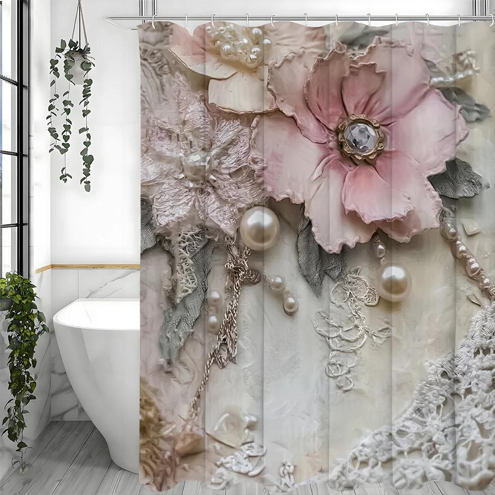 Vintage Floral And Pearl Print Shower Curtain, Bathroom Decorative Shower Curtain, Waterproof Shower Curtain With Hooks W60H190(CM)-1 Pcs
