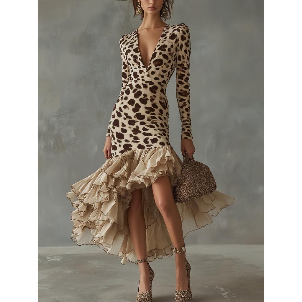 Rochie de damă stil european-american, cu mânecă lungă, decolteu în V, imprimeu model piatră, patchwork, plasă
