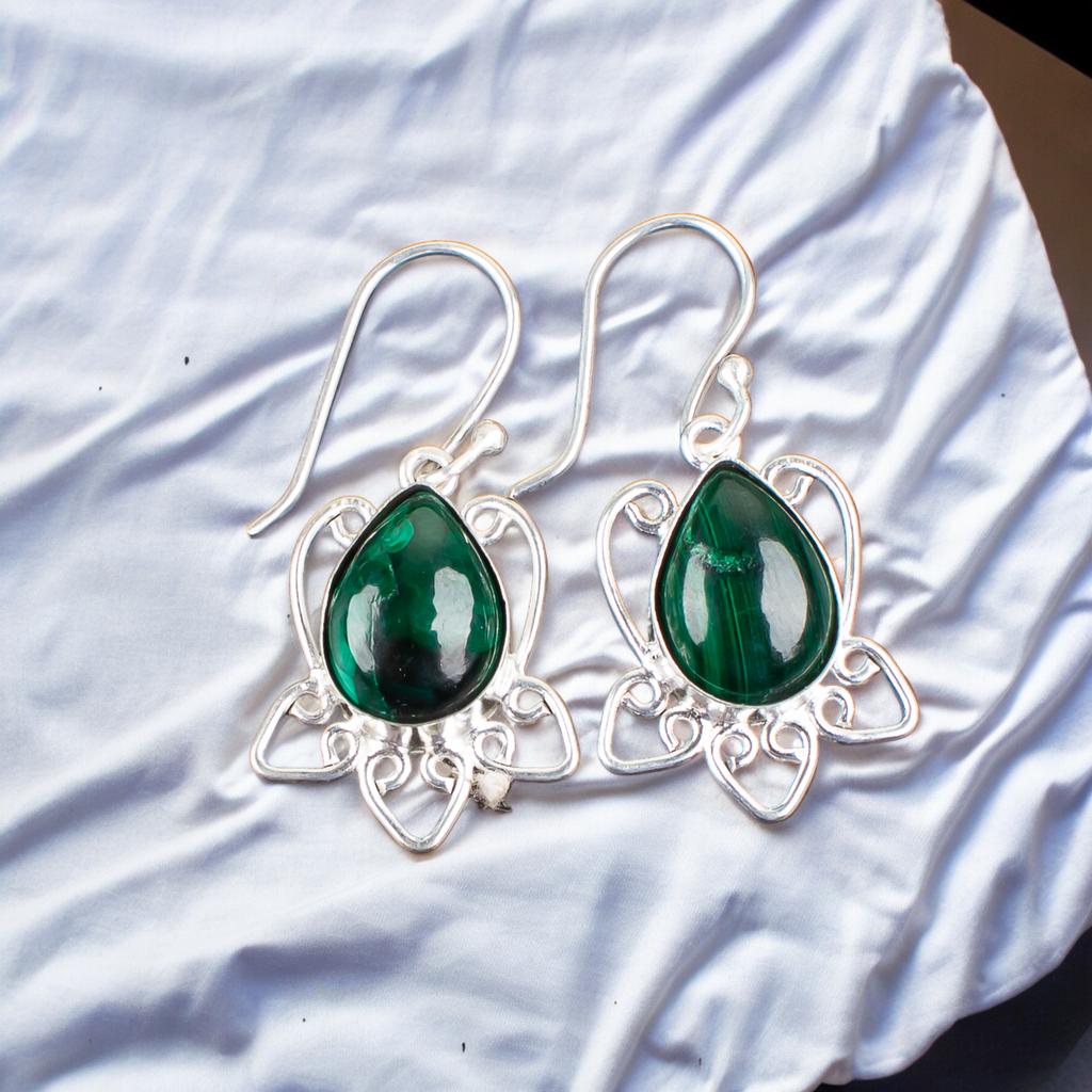 925 Sterling Silver Malachite Gemstone Trendy Jewelry Earrings 1.70" For Women EE-40-24