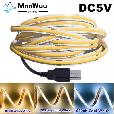 DC5V COB-LED-Lichtleiste mit USB-Stromversorgung, 320 LED/m, flexible Beleuchtung mit hoher Dichte, 3000 K/4500 K/6500 K, mehrfarbige Lichtleiste
