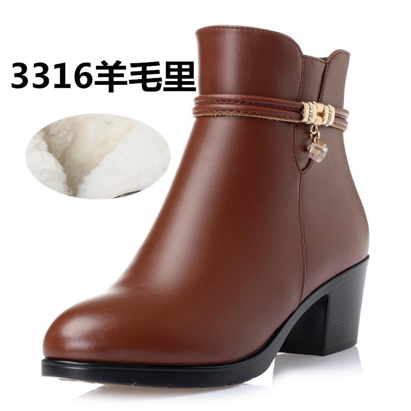Women Genuine Leather Ankle Boots Women Wool Non-slip Snow Boots Woman Thick-heeled Boots Ladies High Heels Shoes Big Size35-43