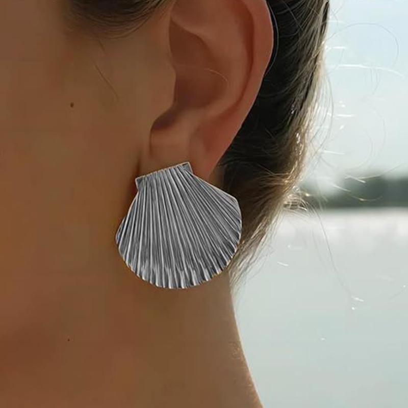 Stainless Steel Textured Shell Big Stud Earrings Distinctive 18K Gold Color Geometric Metal Waterproof Luxury Jewelry