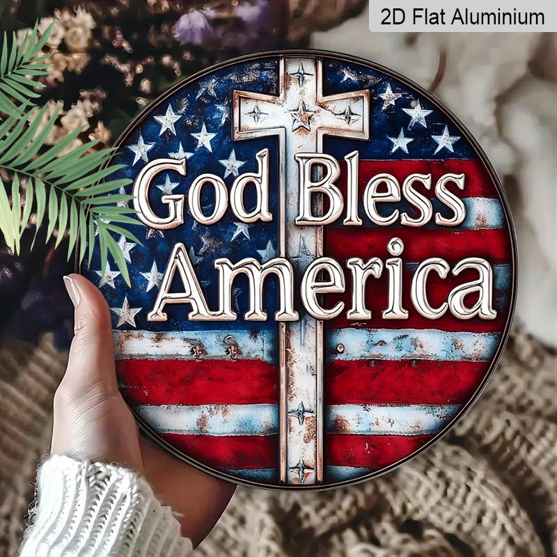2D Flat, 1pc Vintage "God Bless America" Patriotic Metal Sign with US Flag & Cross Wall Decor, Ideal for Home, Office, for Man Cave, Veterans Day