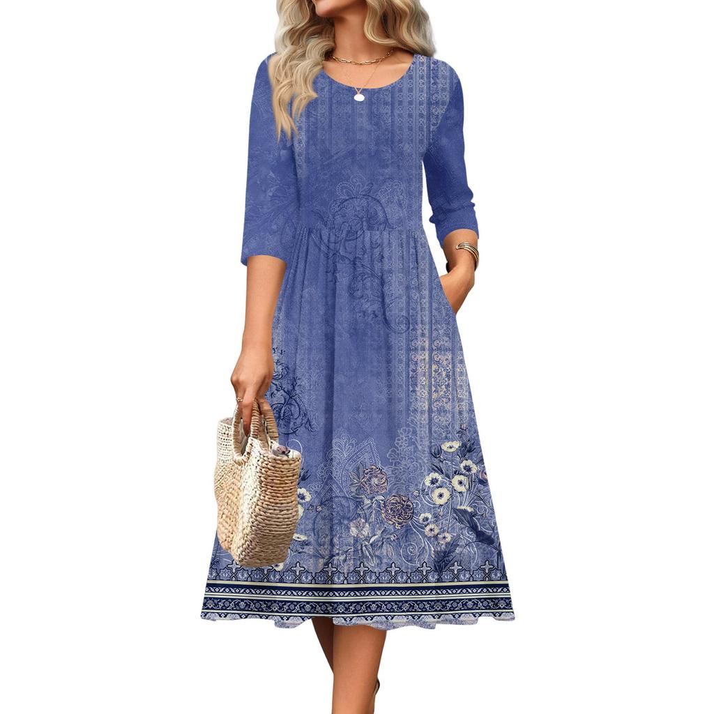 3/4 Sleeve Women's Dress Casual Flowy A-Line Midi Tshirt Dresses With Pockets Crewneck Vocation Boho Beach Sundress
