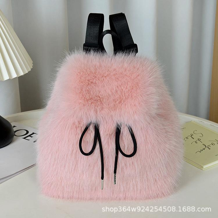 Mochila de Pelúcia Y2k Feminina Pequena Fofa com Cordão Leopardo Fofa Bolsa Macia Liso Lã Mochila de Lã Quente de Inverno Mini Mochila de Pele Sintética
