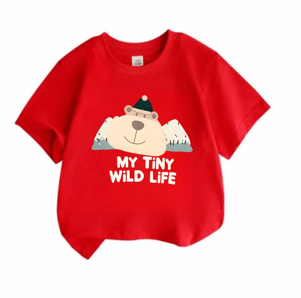 Toddler Kids Boys Girls 100% Cotton Crew Neck Short Sleeve T-Shirt, Cute Cartoon Bear My Tiny Wild Life Print Casual Soft Breathable Summer Tee for Li