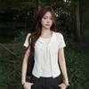 Pure cotton, sweet polka dot doll collar short-sleeved T-shirt for women's summer slim and thin lace-up fake two-piece top