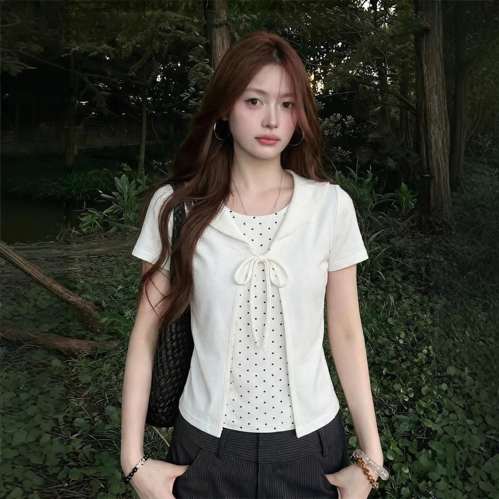 Pure cotton, sweet polka dot doll collar short-sleeved T-shirt for women's summer slim and thin lace-up fake two-piece top