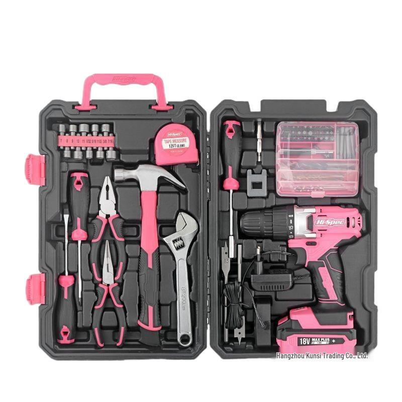 HiSpec Pink Household Tool Set with Wrench, Pliers, Hammer, Electric Screwdriver, and Toolbox