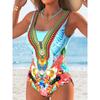 Summer Sexy Vintage Pattern Printed One-piece Swimsuit Slim Fit and Slimming, Deep U-back Design, Beach Pool Vacation Eye-catching Fashion Swimsuit