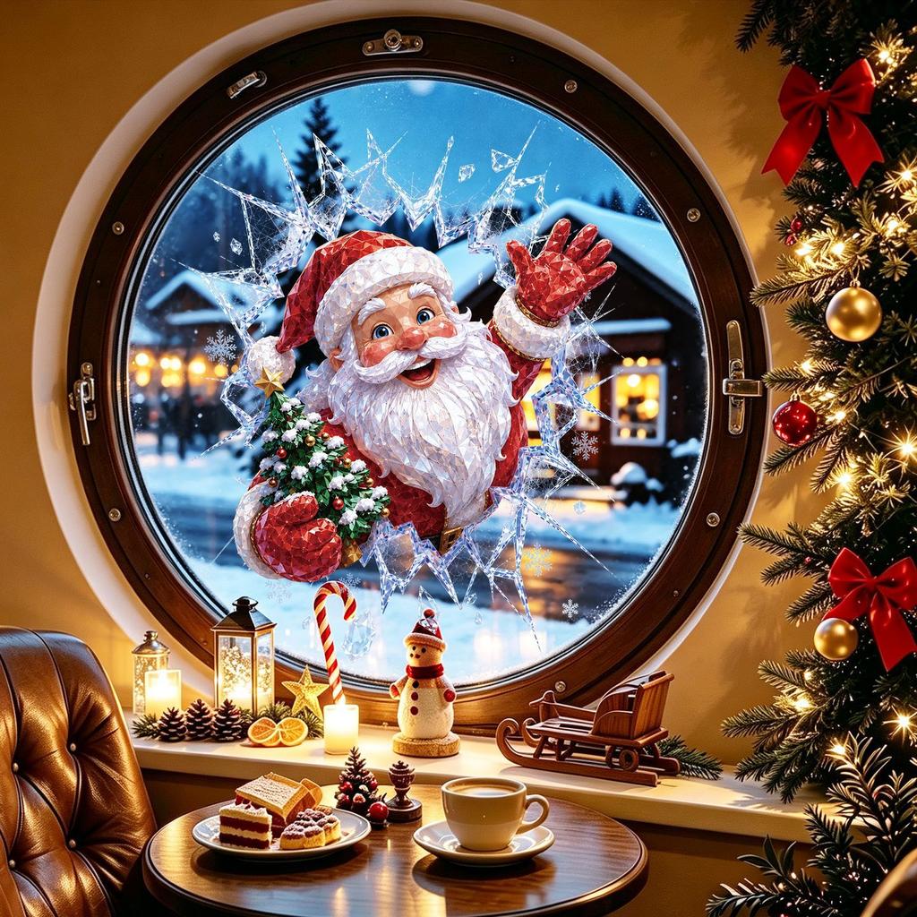 3D Broken Window Santa Static Cling Sticker Christmas Shop Window Glass Decor