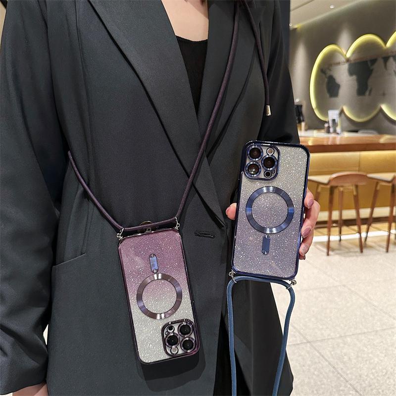 Magnetické pouzdro Crossbody Lanyard Gradient Glitter pro iPhone 14 13 12 11 Pro Max /Samsung S23 S22 Ultra S21 Plus Magsafe Plating Soft TPU zadní kryt