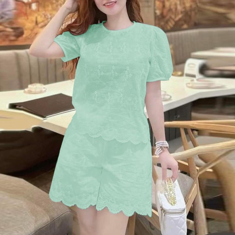 

ZANZEA Женская блузка с коротким рукавом и шорты Летние вышитые жаккардовые комплекты из двух предметов M зелёный