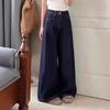 Women's Plus Size Dark Blue Retro Wide-Leg High-Waisted Jeans - Autumn/Winter Straight-Leg Floor-Length with Plush Lining