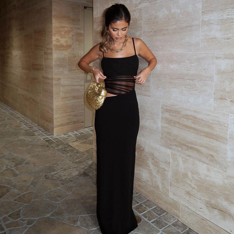 

French Sexy Hollow-out Midriff Mesh Splicing Sling Dress Women s Slim Fit Inner Wear Elegant Sexy Sheath Dress Black S
