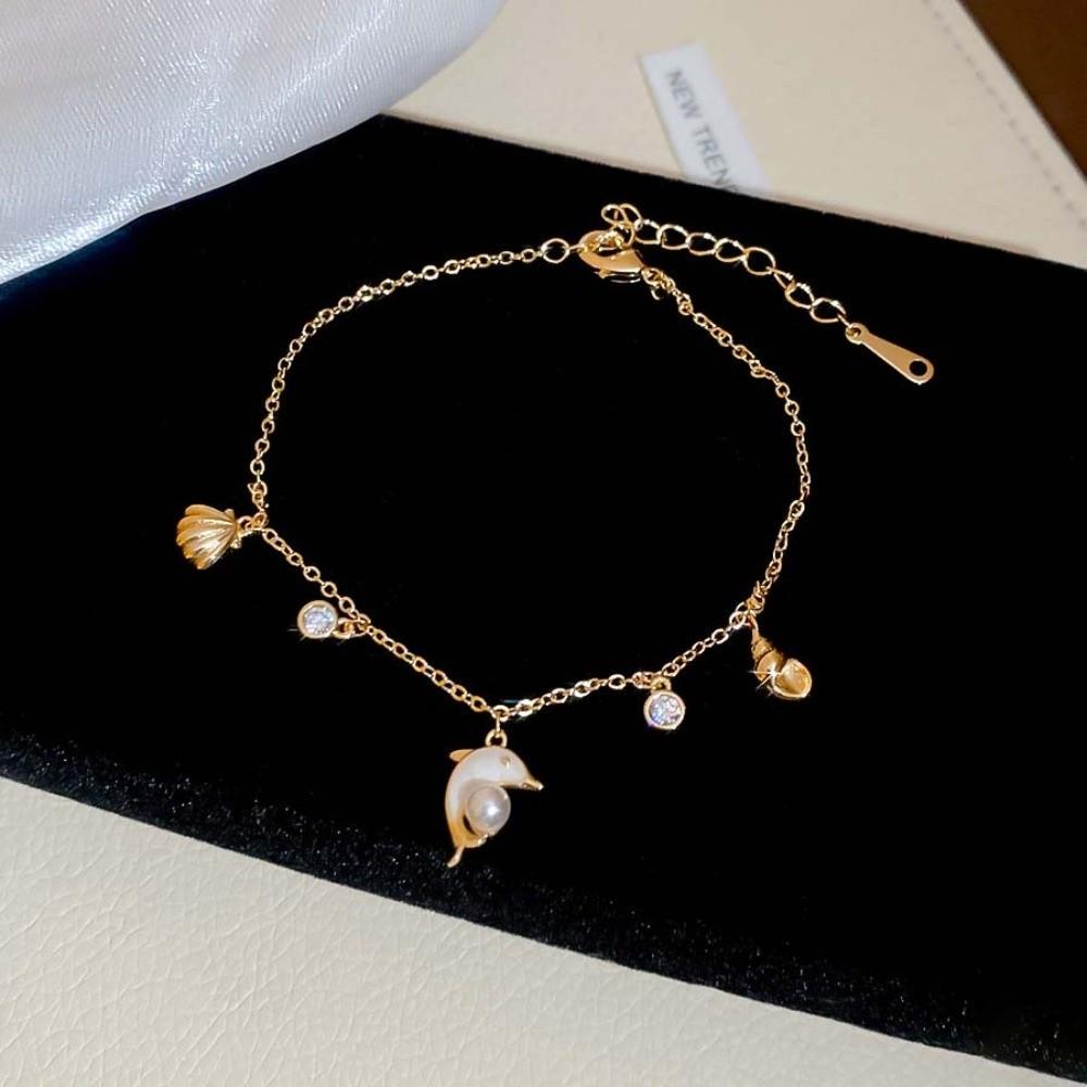 Sea Series Metal Shell Dolphin Bracelet Imitation Pearl Beach Hand Chain  Couple Gift