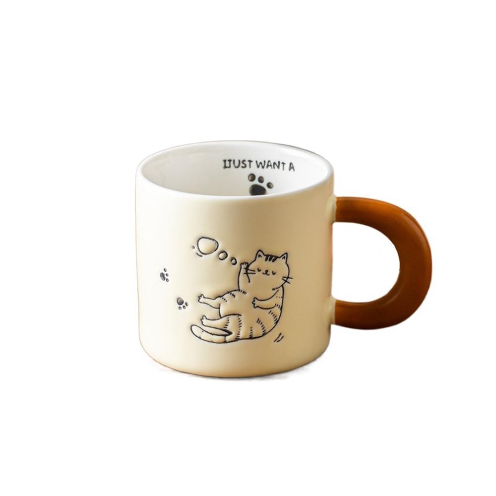 Hand Drawn Ceramic Coffee Cup with Spoon Water Cup with Lid Cartoon Cat Drinkware  Milk
