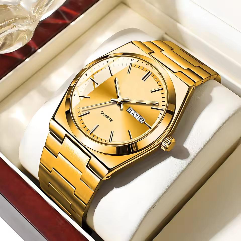 Men Watch Stainless Steel Watch Double Calendar Waterproof Business Quartz Clock Wristwatch