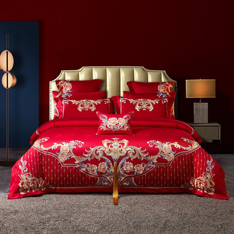 High-End Long-Staple Cotton Wedding 4Pcs Set Chinese Wedding Wedding Kit Big Red Embroidery Pure Cotton Wedding Bedding