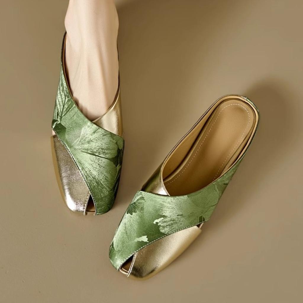 New Chinese Baotou Half-drag Female Summer Soft Leather National Style Baotou Color Matching Square Head Hollow Flat Bottom Lazy Muller Cool Slippers