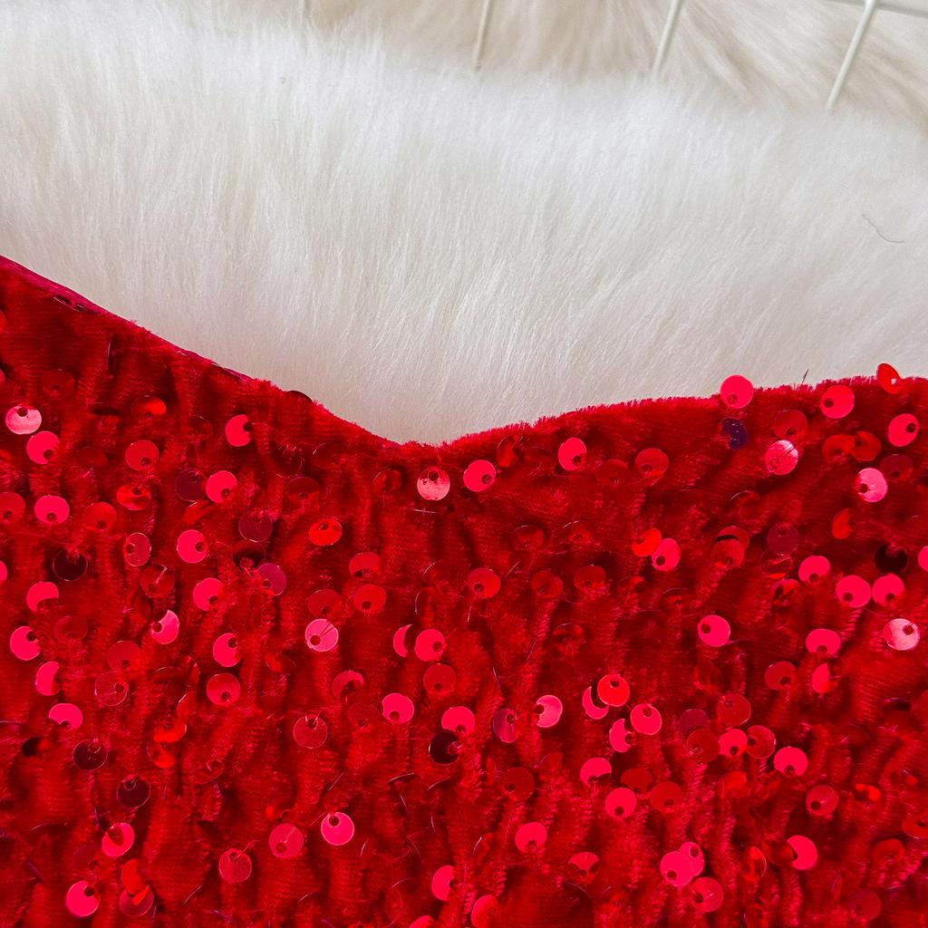 Sexy červené flitrové košilkové šaty Dámské Jednobarevné Výstřih do V Bez rukávů Špičkové společenské šaty Bodycon Zadek Rybí ocas Vestidos