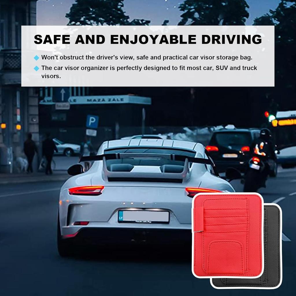 2PCS Small Leather Car Sun Visor Organizer, Multifunctional Auto Visor Document Holder With Sunglasses Clip, Universal Car Interior Organizer For