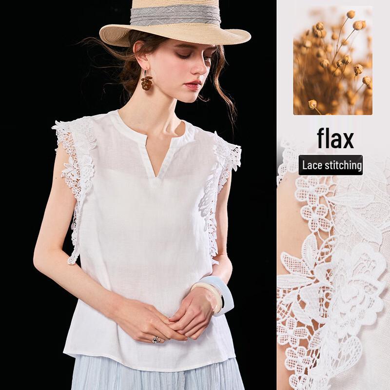 Women s French Romantic Tencel Linen Blend Sleeveless Lace Crochet Top L