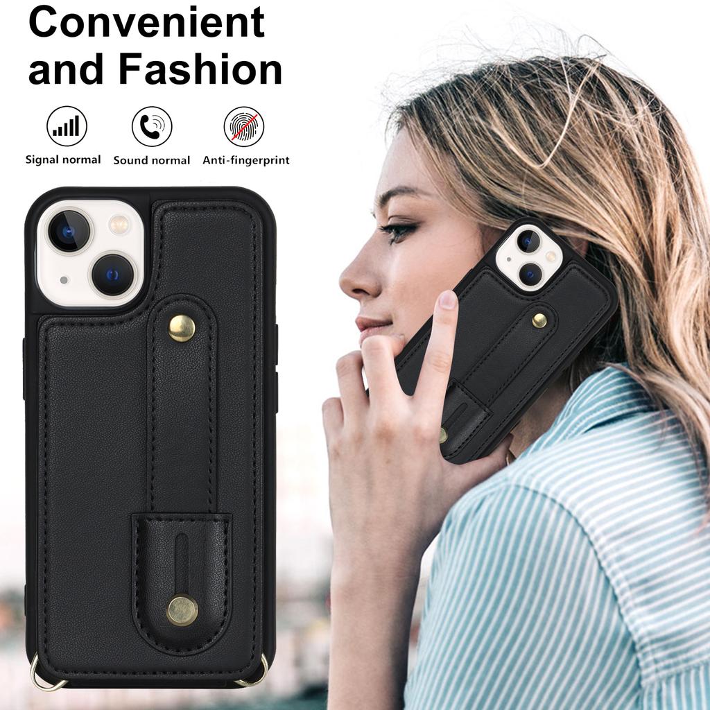 Card Holder Shell for iPhone 15,Kickstand Case PU Leather Coated TPU Phone Cover with Shoulder Strap