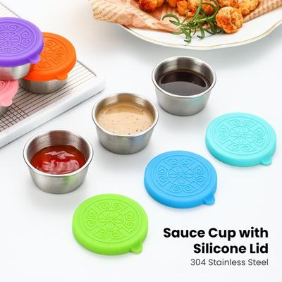 304 Stainless Steel Sauce Cup with Silicone Lid Leak Proof Easy