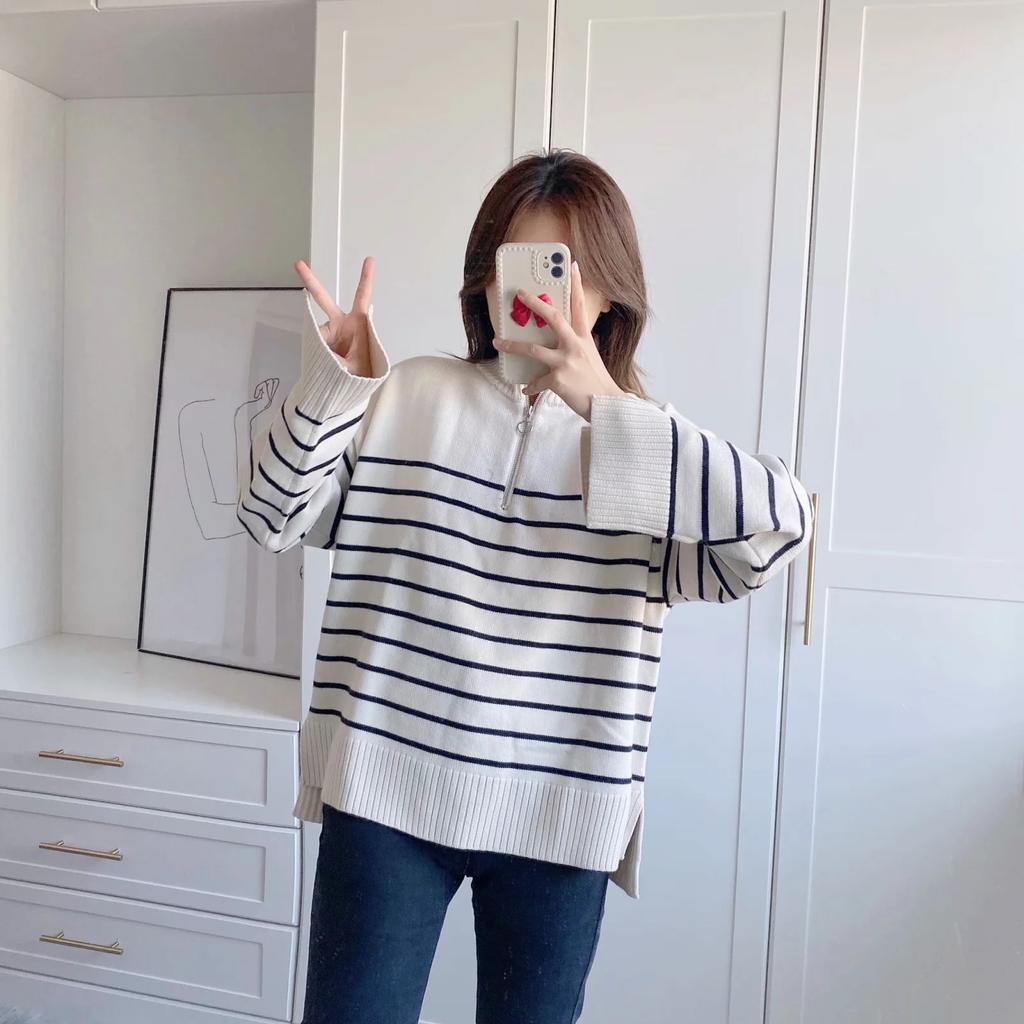 Sweaters Women Fashion Stripe Loose Zipper Knitting Sweaters Vintage Long Sleeve Female Pullover