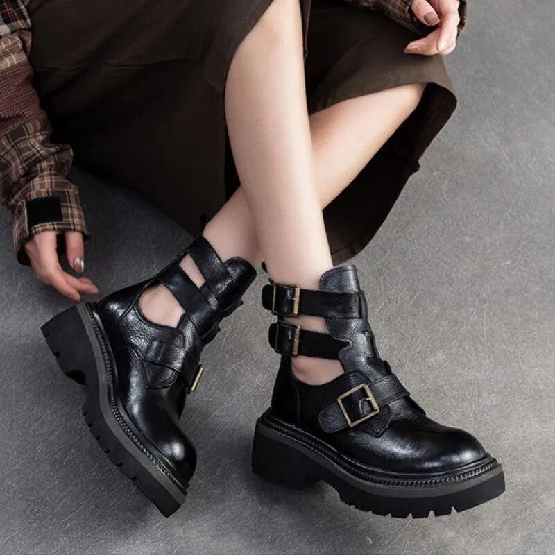 Johnature Römische Gladiator-Sandalen aus echtem Leder mit dicker Sohle, vielseitige modische Damenschuhe