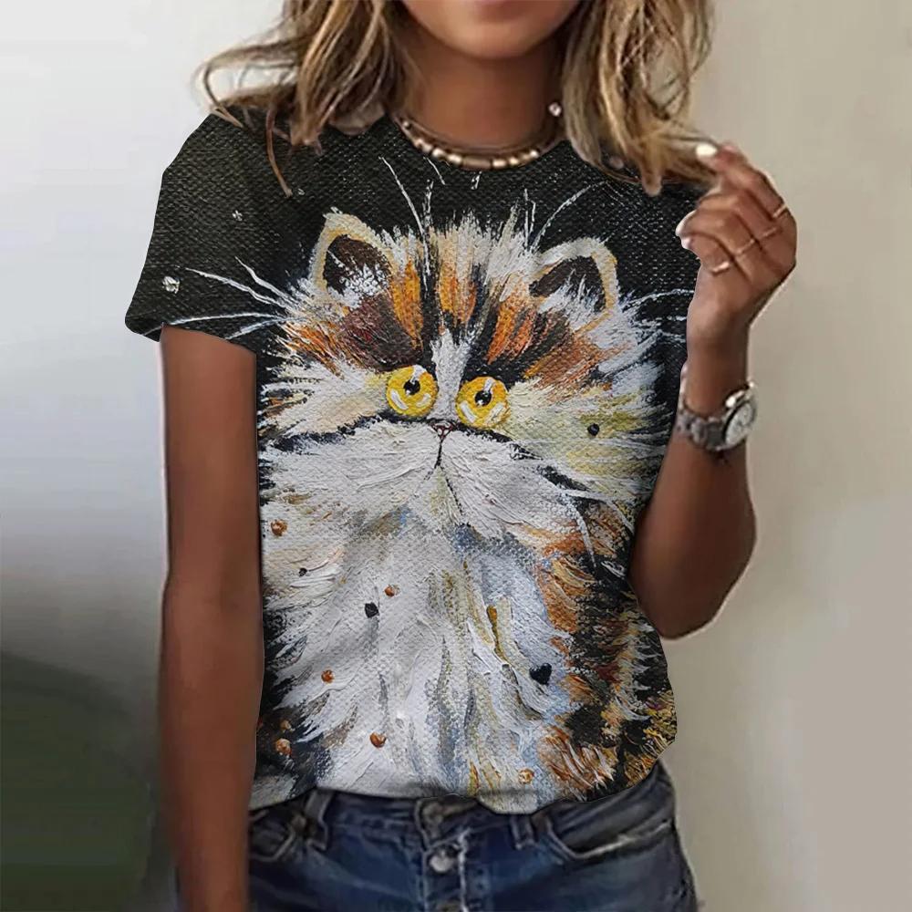2025 Summer Women Cartoon T-shirt Cute Cat Printing Tops Tees Female Fashionable Short Sleeve Clothing Casual Stylish Outfit