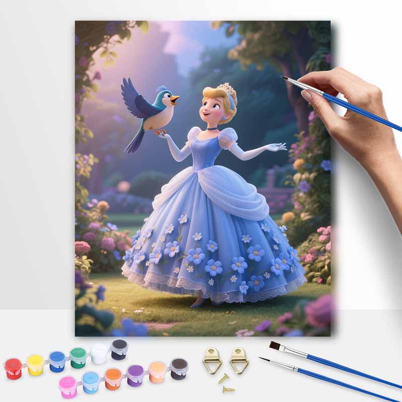 Disney Cinderella blue dress bird garden digital oil painting art painting handmade diy home decorations 20x30cm