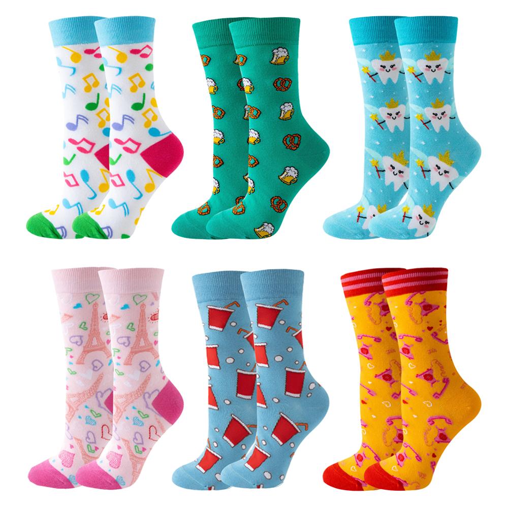 6 Paar Neue Mode Niedliche Fröhliche Mid-Tube Damen Socken Wassermelone Kirsche Katze Hund Flamingo Kuh Lieblich Lässig Lustige Socken