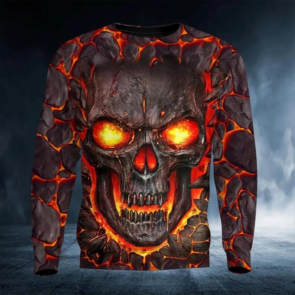 New Men's Autumn Round Neck Long Sleeve T-shirt Retro Skull 3D Pattern Print T Shirts Casual Fashion Tops Men's Clothing Tees