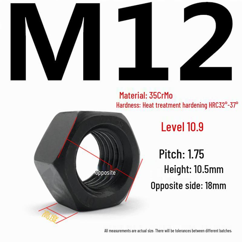 35CrMo High-Strength Hex Nut, Grade 10.9, Blackened, M8-M30