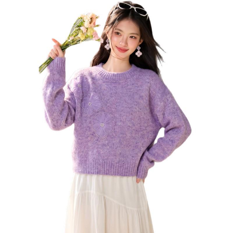 2026 Autumn Soft Fluffy Round Neck Knit Sweater - Sweet Lazy Style Pullover