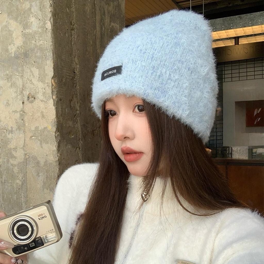 Autumn and winter warm and cold-proof plush big head circumference shows small face knitted wool hat woman