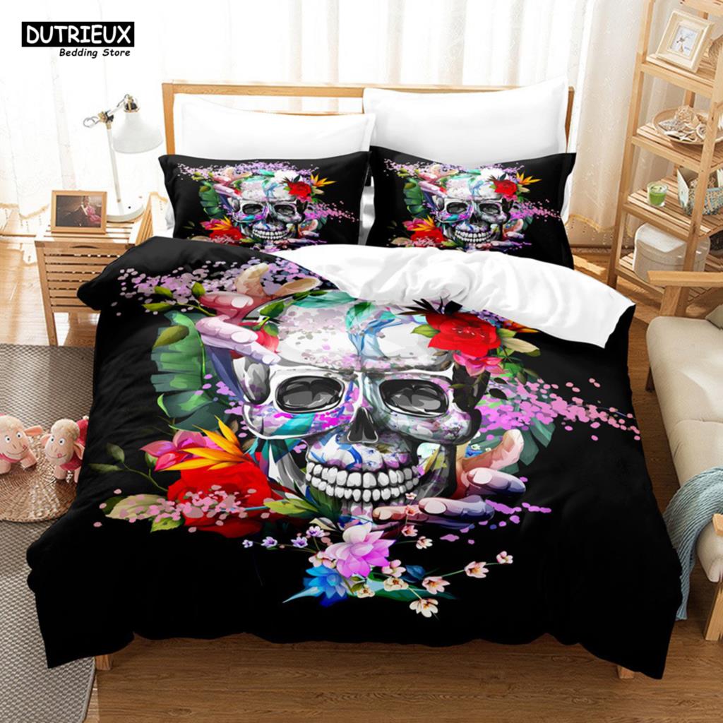 Skelett Totenkopf Bettwäsche Set 2/3 Teile Queen King Full Size Bettbezug Set Mit Kissenbezügen Rose Blume Bettwäsche Für Erwachsene Jugendliche