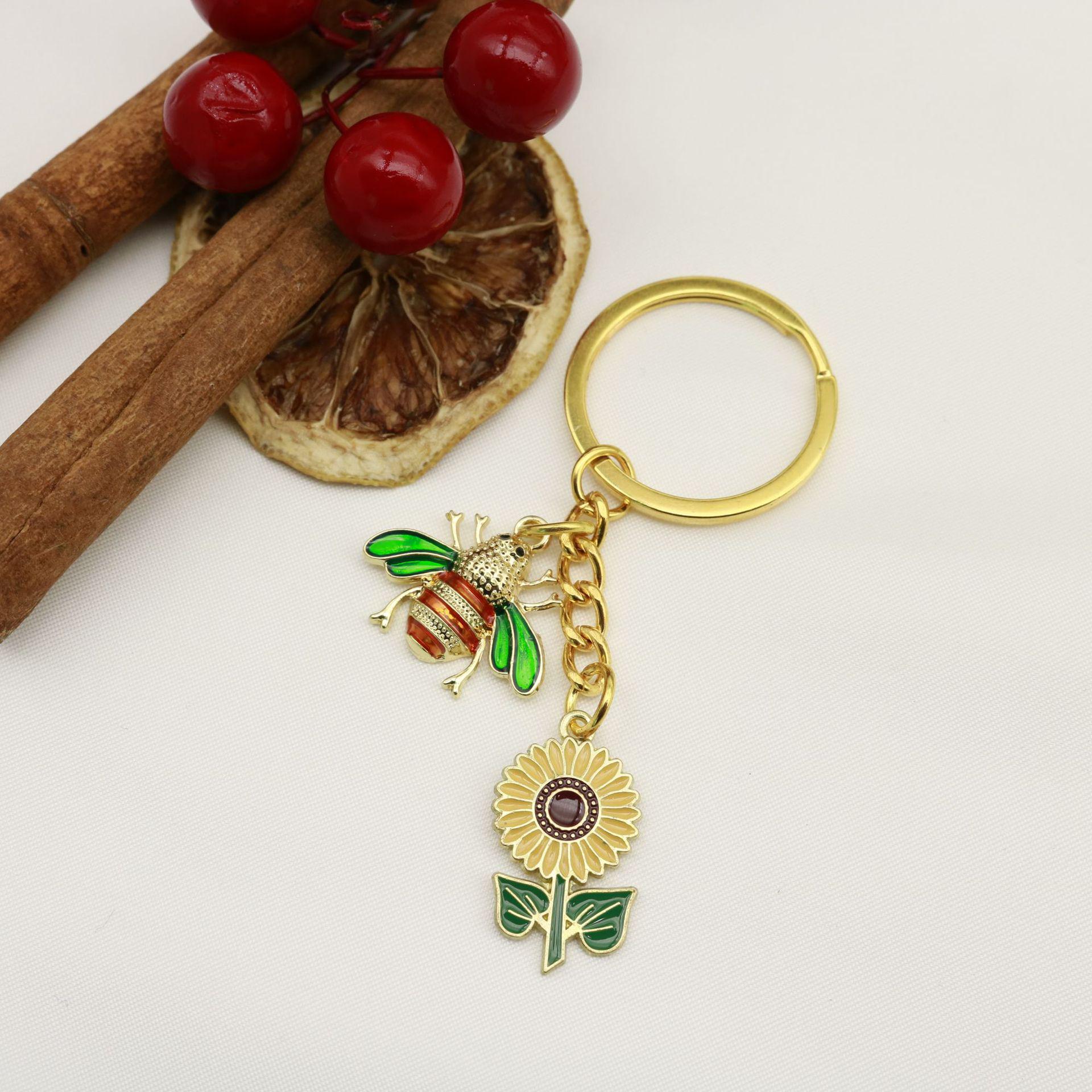 Bee Rhinestone Flower Honeycomb Keychain - Insect Series Keyring Wallet Charm