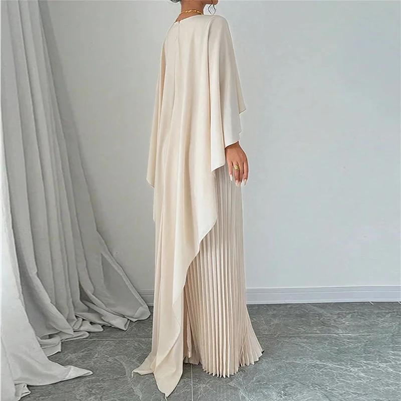 Damen Elegant Rundhals Unregelmäßiger Schal & Weste Plissee Kleider Herbst Einfarbig Mantel 2 Stück Set Lose Abendkleid Urlaub