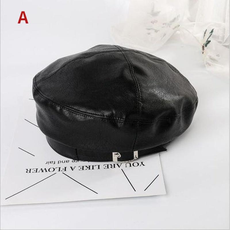 Beret Female  Pu Leather Ins British Retro Wild Painter Hat Temperament Leather Hat