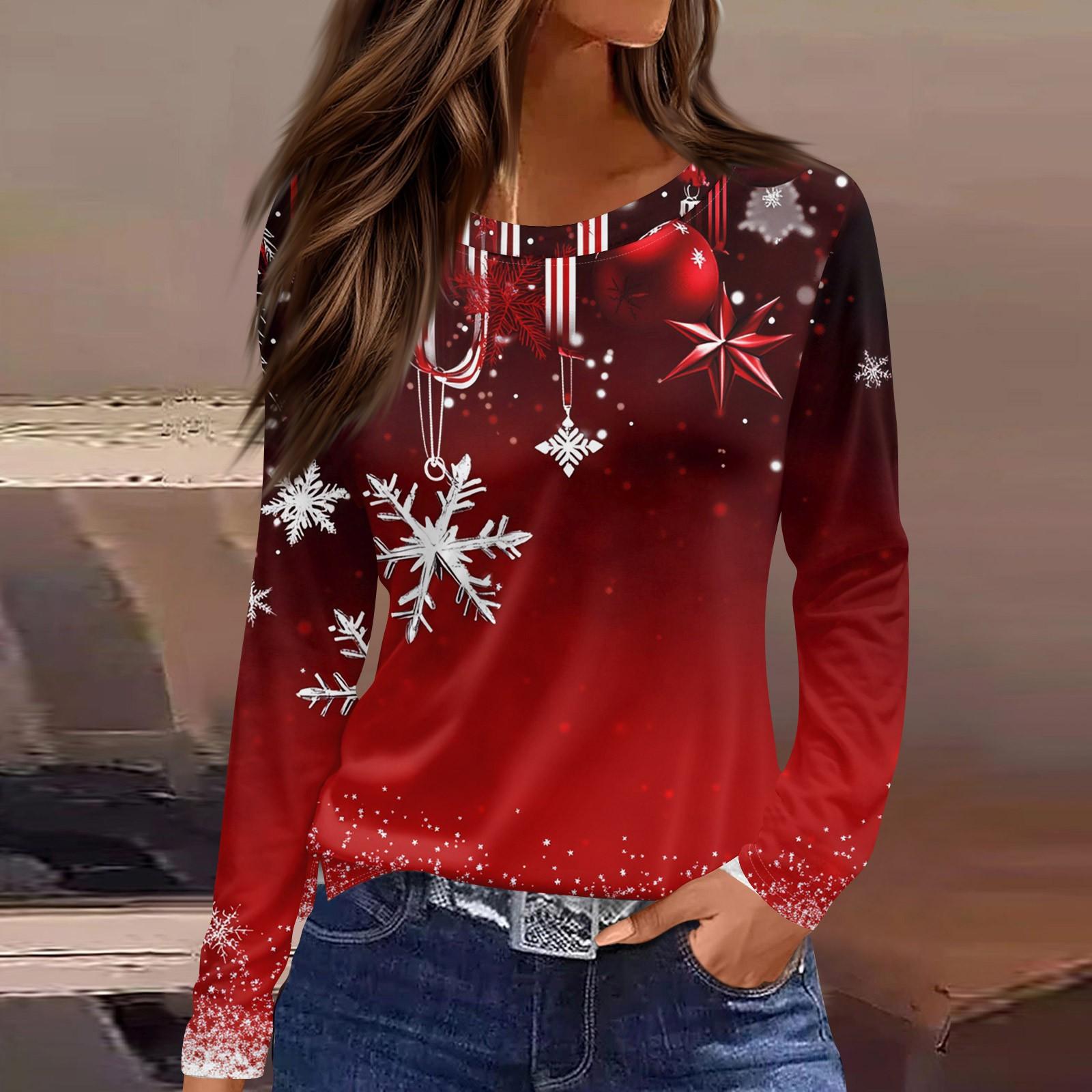 

Женская мода повседневный топ с разрезом по низу и рождественским принтом с круглым вырезом и длинными рукавами XL винный