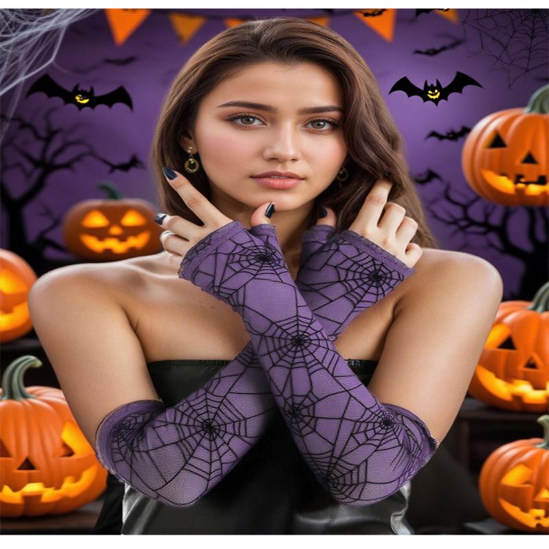Fancy Thin Halloween Gloves Gothic Lolita Spider Web Gloves Long Half-Finger Mesh Mitten Cosplay
