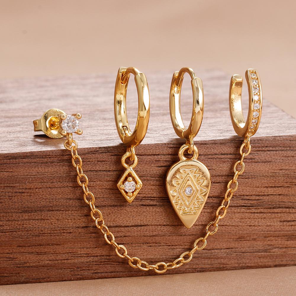 Fashion Zircon Eye Leaf Shaped Dangle Earrings Set for Women Stainless Steel Chain Ear Stud Ear Clip Trend Birthday Jewelry Gift