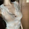 Summer Lace Inner Sweet and Spicy Gentle Wind Solid Color Vest Dark V-neck Off-the-shoulder Loose Short-sleeved T-shirt Top Women Ins