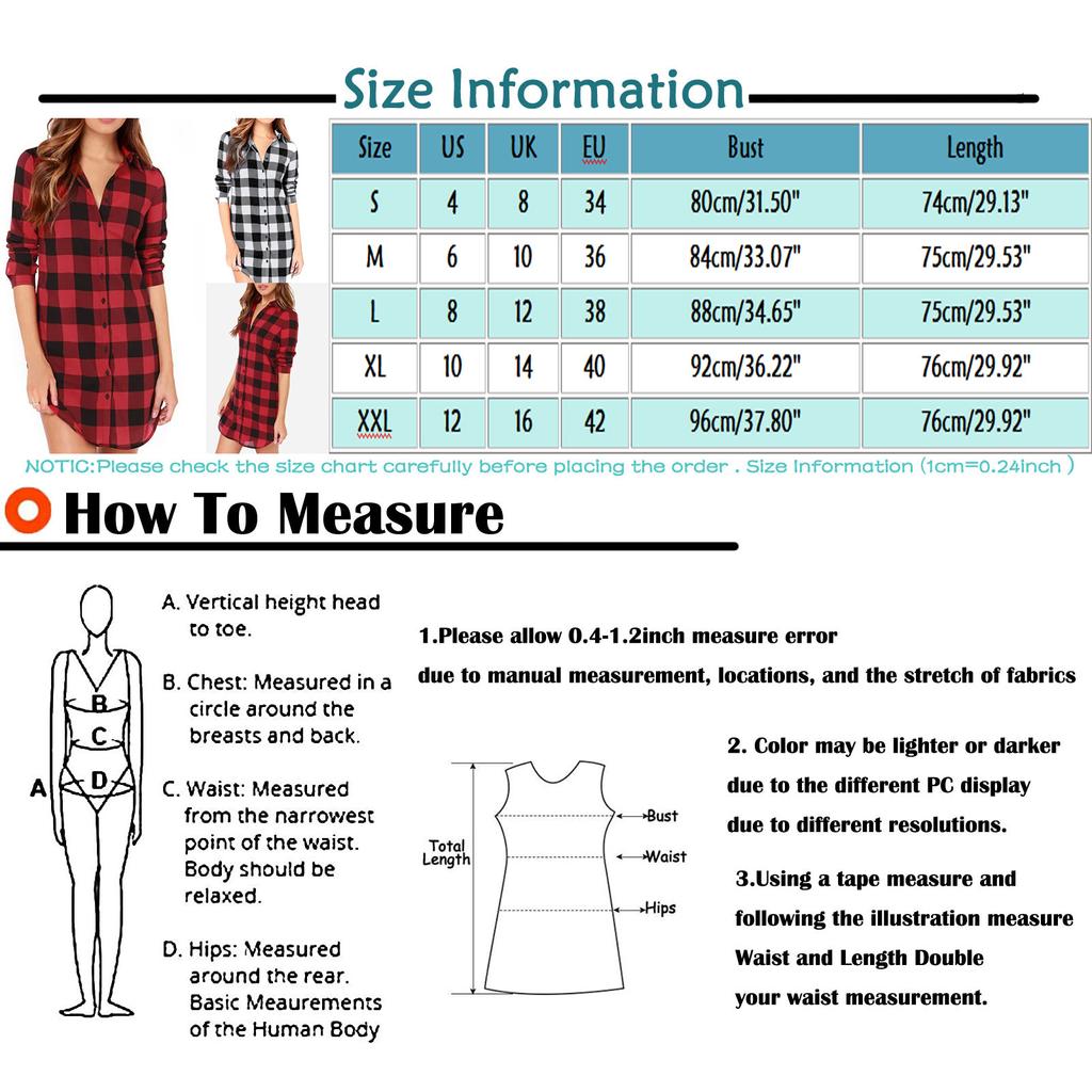 Women Blouses Tops Plaid Long Sleeve Collar Neck Casual Button Down Dress