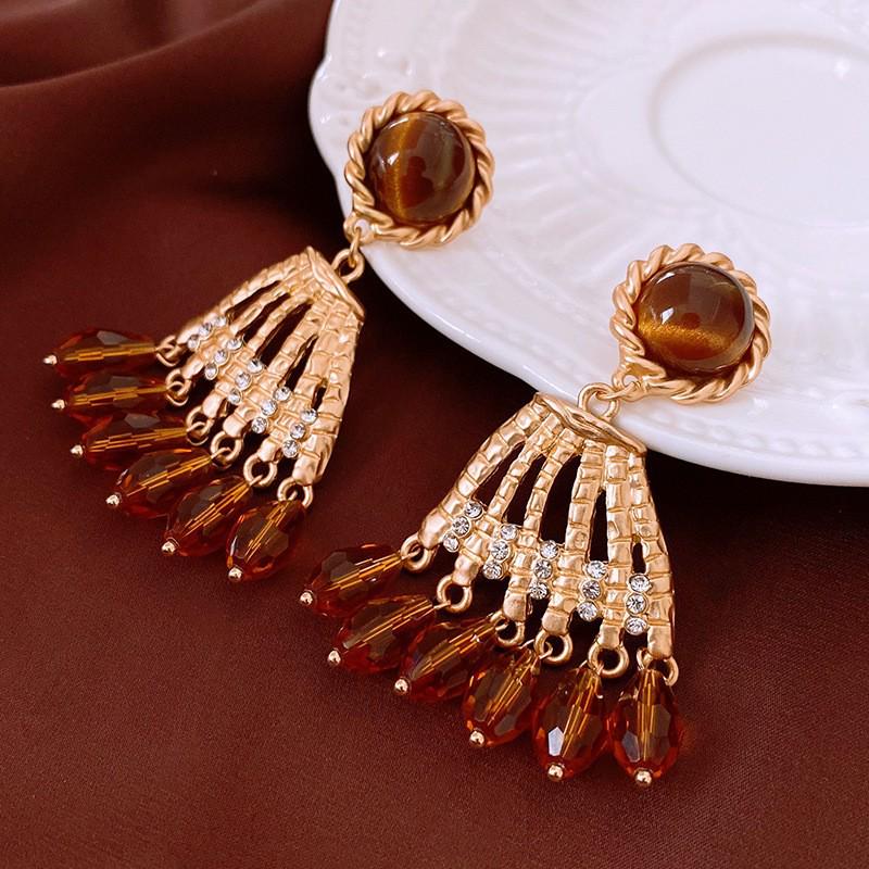 Серьги-пусеты  Серебряная игла  с инкрустацией бриллиантами и тигровым глазом - Ретро Геометрические Винтажные Украшения для Женщин